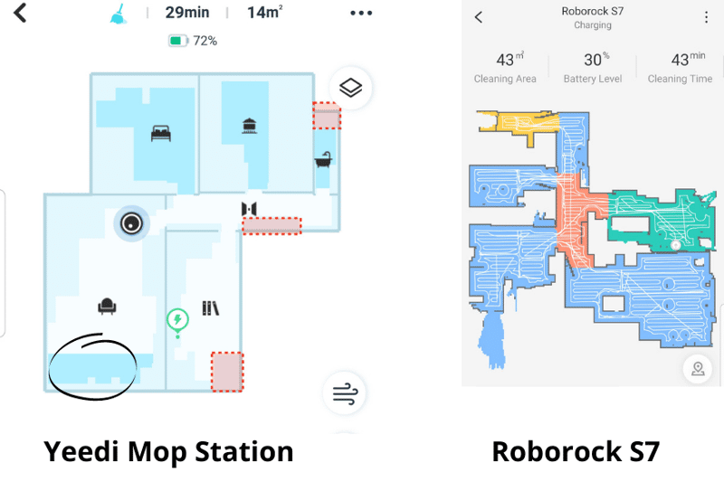 Траектории движения Yeedi Mop сравниваются с траекториями движения Roborock S7